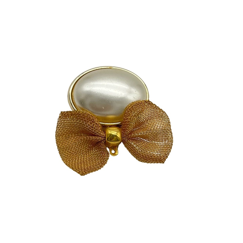 Vintage Gold Mesh Bow Brooch‎ with Faux Pearl Cabochon Pin
